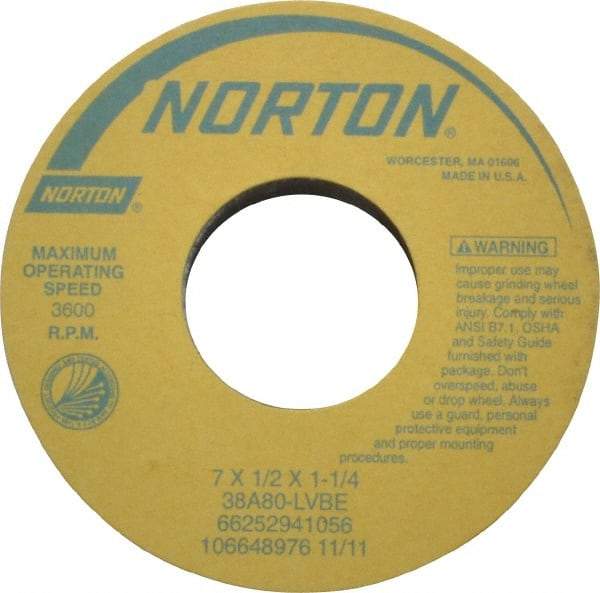 Norton - 7" Diam x 1-1/4" Hole x 1/2" Thick, L Hardness, 80 Grit Surface Grinding Wheel - Aluminum Oxide, Type 1, Medium Grade, 3,600 Max RPM, Vitrified Bond, No Recess - Caliber Tooling