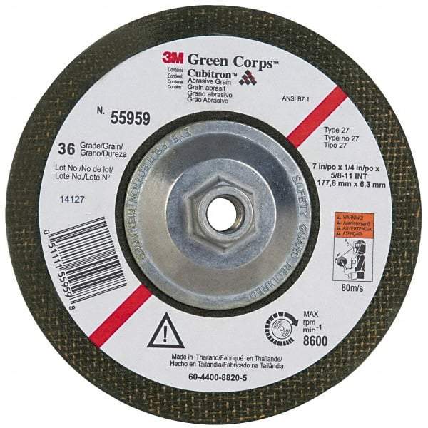 3M - 36 Grit, 7" Wheel Diam, 1/4" Wheel Thickness, Type 27 Depressed Center Wheel - Ceramic, 8,600 Max RPM, Compatible with Angle Grinder - Caliber Tooling