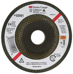 3M - 24 Grit, 4-1/2" Wheel Diam, 1/4" Wheel Thickness, 7/8" Arbor Hole, Type 27 Depressed Center Wheel - Ceramic, 13,300 Max RPM, Compatible with Angle Grinder - Caliber Tooling