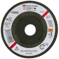 3M - 36 Grit, 4-1/2" Wheel Diam, 1/4" Wheel Thickness, 7/8" Arbor Hole, Type 27 Depressed Center Wheel - Ceramic, 13,300 Max RPM, Compatible with Angle Grinder - Caliber Tooling