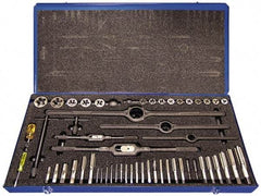 Cle-Line - 1/8-27 to M18x1.50 Tap, 1/4-20 to 1/2-20 Die, NPT, UNC, UNF, Tap and Die Set - Plug Taps, Adjustable, 52 Piece Set - Exact Industrial Supply