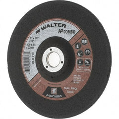 Value Collection - 30 Grit, 7" Wheel Diam, 1/8" Wheel Thickness, 7/8" Arbor Hole, Type 27 Depressed Center Wheel - Aluminum Oxide, Resinoid Bond, 8,600 Max RPM - Caliber Tooling