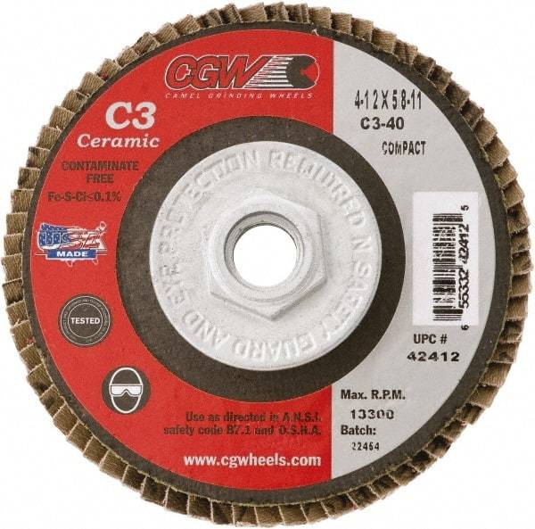 Camel Grinding Wheels - 40 Grit, 7" Disc Diam, 5/8-11 Center Hole, Type 29 Ceramic Flap Disc - 8,600 Max RPM, Polyester Backing, Arbor Attaching System, Coated - Caliber Tooling