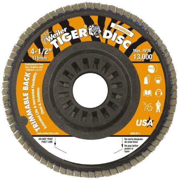 Weiler - 60 Grit, 4-1/2" Disc Diam, 7/8" Center Hole, Type 29 Zirconia Alumina Flap Disc - 13,000 Max RPM, Plastic Backing, Arbor Attaching System, Coated - Caliber Tooling