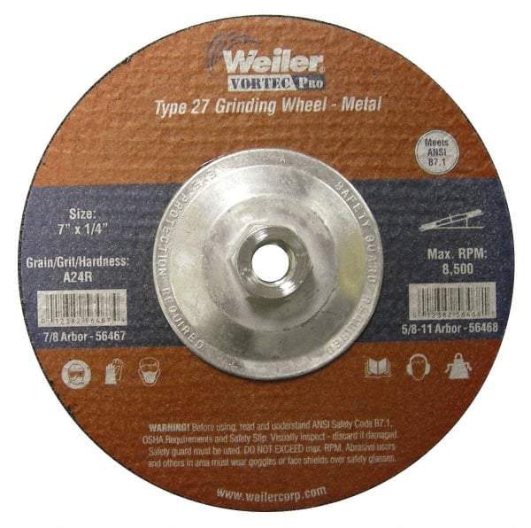 Weiler - 24 Grit, 7" Wheel Diam, 1/4" Wheel Thickness, Type 27 Depressed Center Wheel - Very Coarse Grade, Aluminum Oxide, Resinoid Bond, R Hardness, 8,500 Max RPM - Caliber Tooling