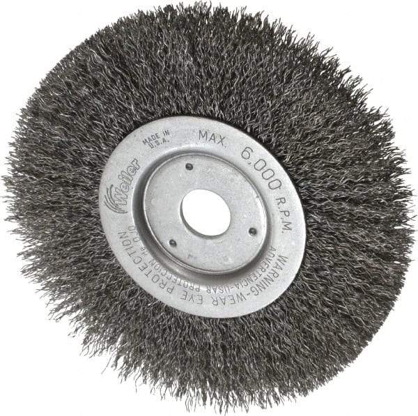 Weiler - 6" OD, 3/4" Arbor Hole, Crimped Wheel Brush - 1/2" Face Width, 1-7/16" Trim Length, 0.014" Filament Diam, 6,000 RPM - Caliber Tooling