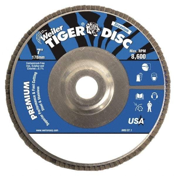 Weiler - 36 Grit, 7" Disc Diam, 7/8" Center Hole, Type 29 Zirconia Alumina Flap Disc - 8,600 Max RPM, Aluminum Backing, Quick Change Type S Attaching System, Coated - Caliber Tooling