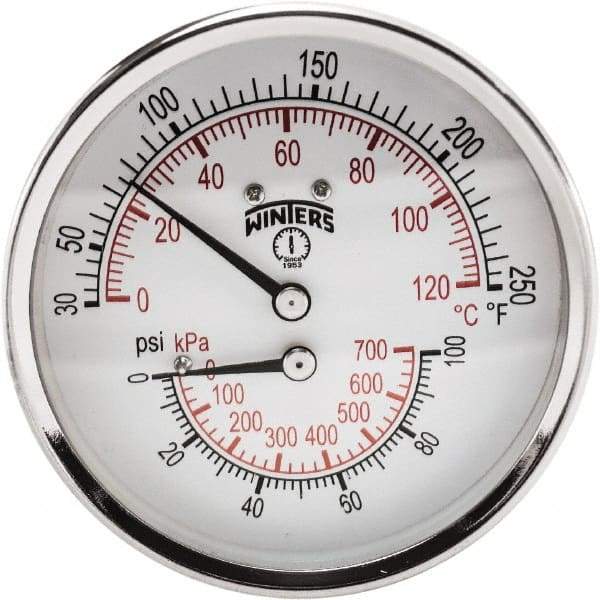 Winters - 3" Dial, 1/2 Thread, 0-100 Scale Range, Pressure Gauge - Center Back Connection Mount, Accurate to 0.03% of Scale - Caliber Tooling