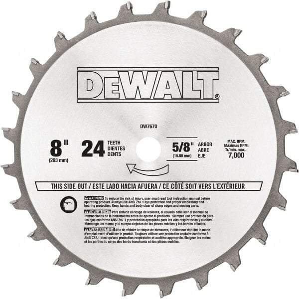 DeWALT - 8" Diam, 5/8" Arbor Hole Diam, 24 Tooth Wet & Dry Cut Saw Blade - Tungsten Carbide-Tipped, Standard Round Arbor - Caliber Tooling