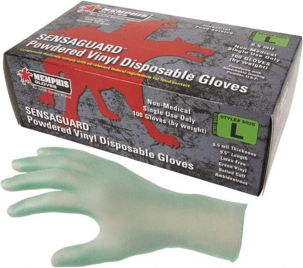 MCR Safety - Size XL, 6-1/2 mil, Industrial Grade, Powdered Vinyl Disposable Gloves - 9-1/2" Long, Green, Smooth Rolled Cuffs, FDA Approved, Ambidextrous - Caliber Tooling