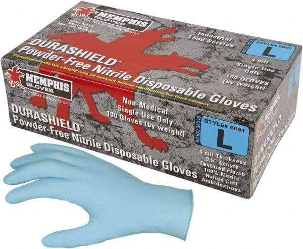 MCR Safety - Size 3XL, 4 mil, Industrial Grade, Powder Free Nitrile Disposable Gloves - 9-1/2" Long, Blue, Textured Rolled Cuffs, FDA Approved, Ambidextrous - Caliber Tooling