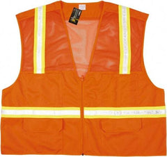 MCR Safety - Size XL High Visibility Orange Mesh Surveyor's Vest - 25.4" Chest, Zipper Closure, 6 Pockets, Polyester - Caliber Tooling