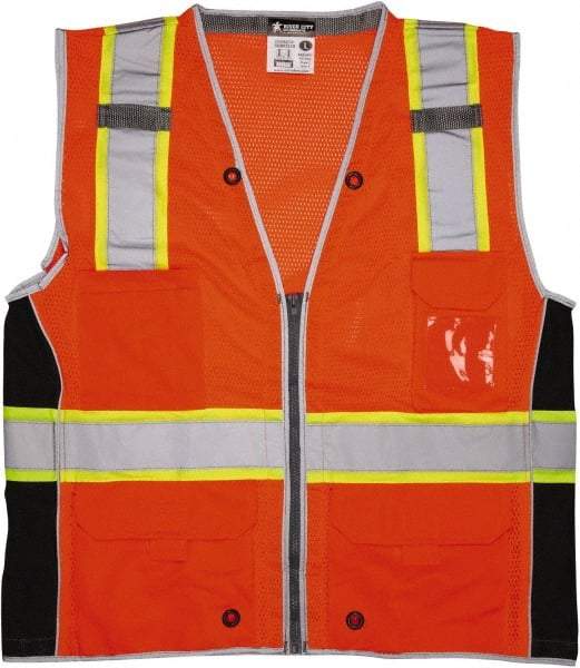 MCR Safety - Size L High Visibility Orange Mesh Surveyor's Vest - 24.4" Chest, ANSI 107-2015, Zipper Closure, 6 Pockets, Polyester - Caliber Tooling