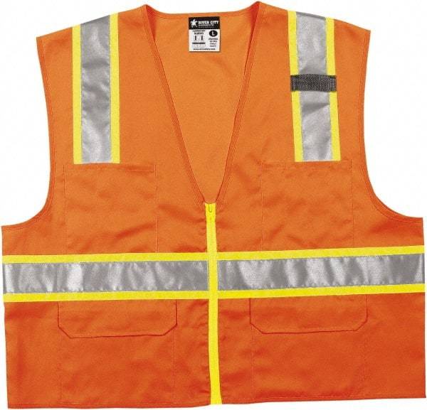 MCR Safety - Size L High Visibility Orange Mesh Surveyor's Vest - 24.4" Chest, ANSI 107-2015, Zipper Closure, 6 Pockets, Polyester - Caliber Tooling