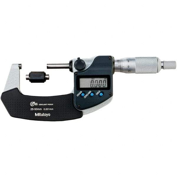 Mitutoyo - Standard Throat IP65 Electronic Outside Micrometer - Ratchet Stop Thimble, Carbide-Tipped Face, SR44 Battery - Caliber Tooling