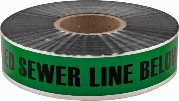 PRO-SAFE - Caution: Buried Sewer Line Below, Detectable Underground Tape - 1,000 Ft. Long x 2 Inch Wide Roll, Polyethylene on Aluminum, 5 mil Thick, Green - Caliber Tooling