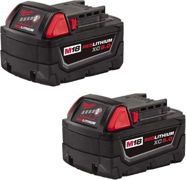 Milwaukee Tool - 18 Volt Lithium-Ion Power Tool Battery - 5 Ahr Capacity, 110 min Charge Time, Series RED LITHIUM - Caliber Tooling