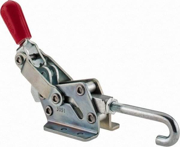 De-Sta-Co - 1,507 Lb Capacity, Horizontal, J Hook, Flanged Base, Carbon Steel Pull Action Latch Clamp - 3/4" Drawing Movement, 8.98" OAL, Straight Handle - Caliber Tooling