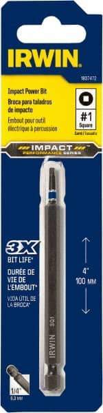 Irwin - #1" Square Size Square Recess Bit - 1/4" Hex Drive, 4" OAL - Caliber Tooling