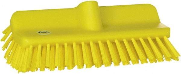 Vikan - 1-1/2" Bristle Length, Polyester Cleaning & Finishing Brush - 9-5/8" Long x 5" Wide Head, 10" OAL, European Threaded Handle, Yellow, Polypropylene Block - Caliber Tooling