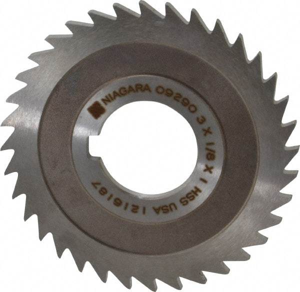 Keo - 3" Diam x 1/8" Blade Thickness x 1" Arbor Hole Diam, 36 Tooth Slitting and Slotting Saw - Arbor Connection, Right Hand, Uncoated, High Speed Steel, 10° Rake, Concave Ground - Caliber Tooling