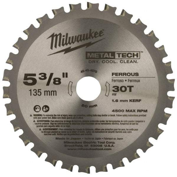 Milwaukee Tool - 5-3/8" Diam, 20mm Arbor Hole Diam, 30 Tooth Wet & Dry Cut Saw Blade - Carbide-Tipped, Standard Round Arbor - Caliber Tooling