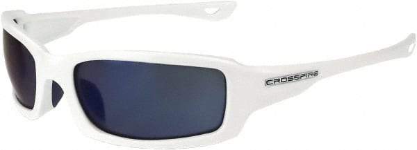 CrossFire - Blue Mirror Lenses, Framed Safety Glasses - Scratch Resistant, White Frame, Size Universal, Wrap Around - Caliber Tooling