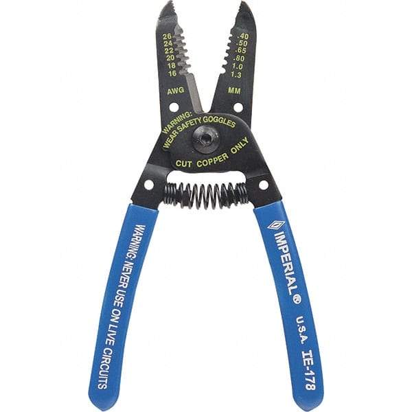 Imperial - 16 to 26 AWG Capacity Wire Stripper/Cutter - 6" OAL, Hardened Steel with Cushion Grip Handle - Caliber Tooling