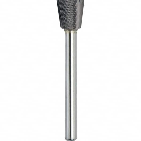 Made in USA - 1/8" Cut Diam, 1/8" Shank Diam, Inverted Cone Head Single Cut Burr - Carbide, 3/16" LOC, 3" OAL - Caliber Tooling