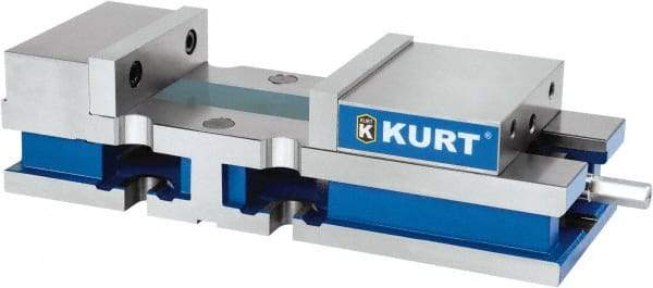 Kurt - 8" Jaw Width, 10-1/4" Jaw Opening Capacity, Horizontal Stationary Machine Vise - Reverse Manual Operation, 1 Station, 24" Long x 6" High x 1" Deep, 6" Jaw Height, 100 Lb Max Clamp Force, Ductile Iron - Caliber Tooling