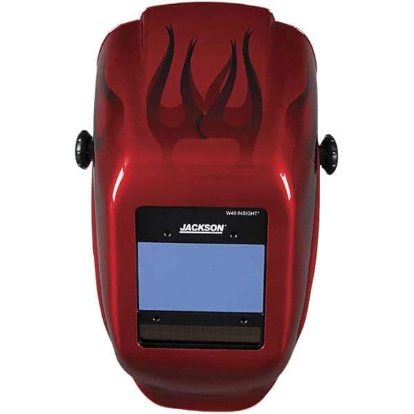 Jackson Safety - 2.36" Window Width x 3.93" Window Height, 9 to 13 Shade Auto-Darkening Lens, Fixed Front Welding Helmet - Red Flames Design, Thermoplastic Green Lens - Caliber Tooling