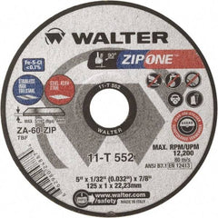 WALTER Surface Technologies - 5" Zirconia Alumina Cutoff Wheel - 1/32" Thick, 7/8" Arbor, 12,200 Max RPM, Use with Angle Grinders - Caliber Tooling