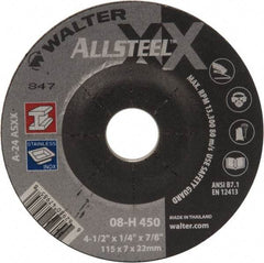 WALTER Surface Technologies - 24 Grit, 4-1/2" Wheel Diam, 1/4" Wheel Thickness, 7/8" Arbor Hole, Type 27 Depressed Center Wheel - Aluminum Oxide, 13,300 Max RPM - Caliber Tooling