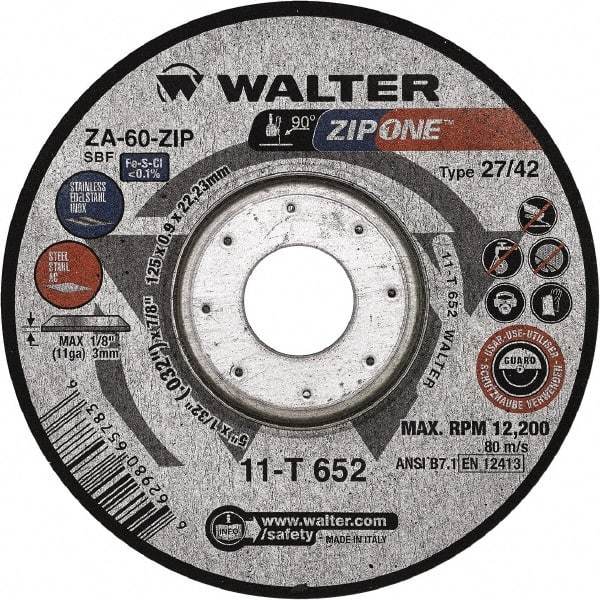 WALTER Surface Technologies - 60 Grit, 4-1/2" Wheel Diam, 1/32" Wheel Thickness, 7/8" Arbor Hole, Type 27 Depressed Center Wheel - Zirconia Alumina, Resinoid Bond, 13,300 Max RPM - Caliber Tooling