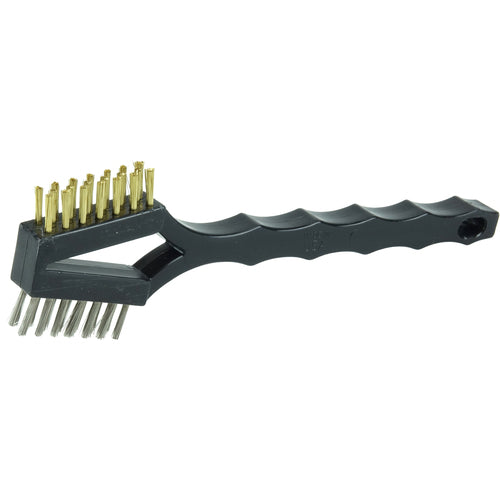 Double Sided V-Shape Scratch Brush, .006 Brass and .006 Stainless Steel Fill, Plastic Block,3 × 7 Rows - Caliber Tooling