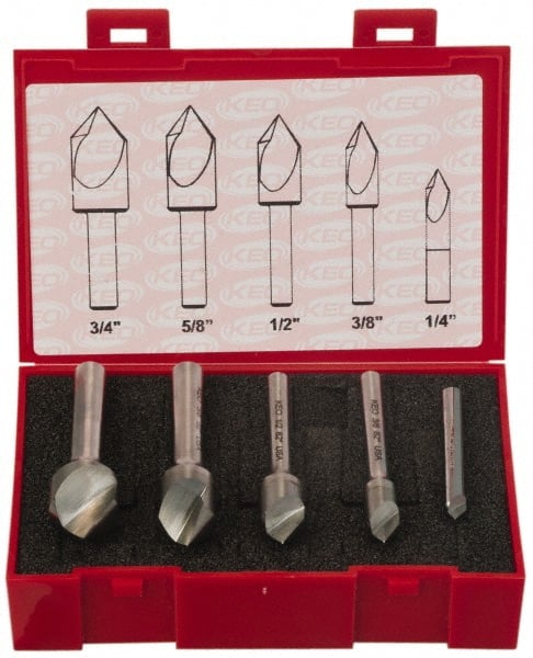 Keo - 5 Piece, 1/4 to 3/4" Head Diam, 82° Included Angle, Single End Countersink Set - Caliber Tooling