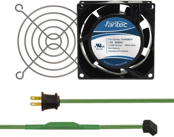 Made in USA - 115 Volts, AC, 31 CFM, Square Tube Axial Fan Kit - 0.18 Amp Rating, 3.15" High x 3" Wide x 38.5mm Deep, Includes Fan, Fan Guard, Thermostatically Controlled Fan Cord - Caliber Tooling