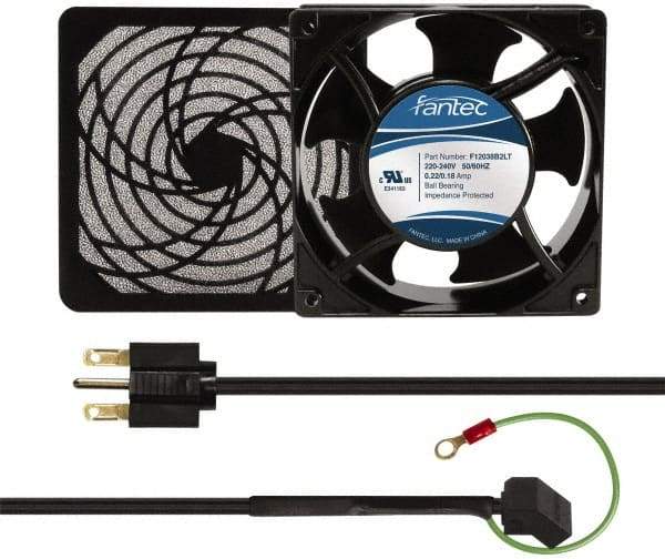 Made in USA - 230 Volts, AC, 103 CFM, Square Tube Axial Fan Kit - 0.12 Amp Rating, 120mm High x 120mm Wide x 38.5mm Deep, Includes Fan, Fan Guard, Fan Cord - Caliber Tooling