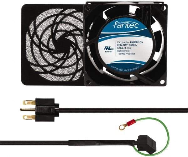 Made in USA - 230 Volts, AC, 32 CFM, Square Tube Axial Fan Kit - 0.06/0.05 Amp Rating, 3.15" High x 3" Wide x 38.5mm Deep, Includes Fan, Fan Guard, Fan Cord - Caliber Tooling