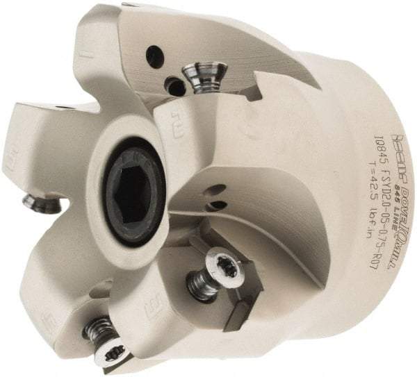 Iscar - 2.37" Cut Diam, 3/4" Arbor Hole, 0.18" Max Depth of Cut, 50° Lead Angle Indexable Chamfer & Angle Face Mills - 5 Inserts, Insert Style IQ845 SYHU 07.., Right Hand Cut, Through Coolant, Series DoveIQMill - Caliber Tooling