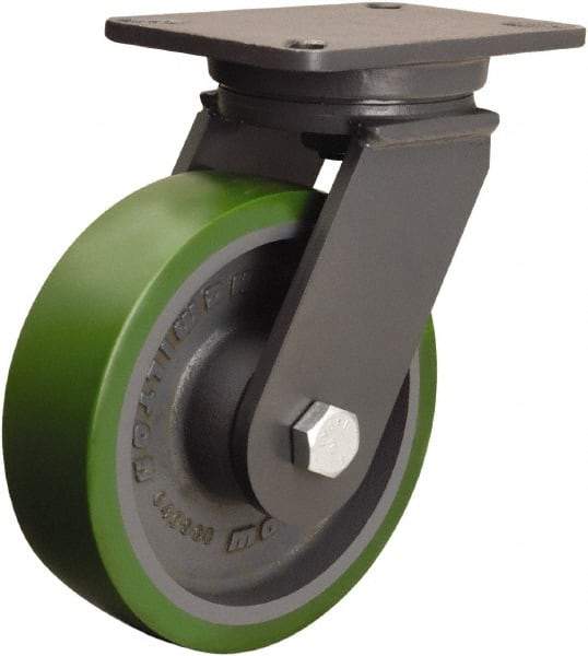 Hamilton - 8" Diam x 2-1/2" Wide x 10-1/2" OAH Top Plate Mount Swivel Caster - Polyurethane Mold onto Cast Iron Center, 2,000 Lb Capacity, Precision Ball Bearing, 5-1/4 x 7-1/4" Plate - Caliber Tooling