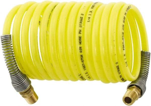 Parker - 3/16" ID, 1/4 Thread, 50' Long, Yellow Nylon Coiled & Self Storing Hose - 225 Max psi, Male Rigid x Male Swivel - Caliber Tooling