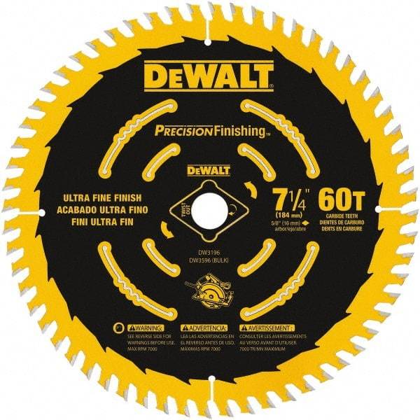 DeWALT - 7-1/4" Diam, 5/8" Arbor Hole Diam, 60 Tooth Wet & Dry Cut Saw Blade - Carbide-Tipped, Diamond Arbor - Caliber Tooling