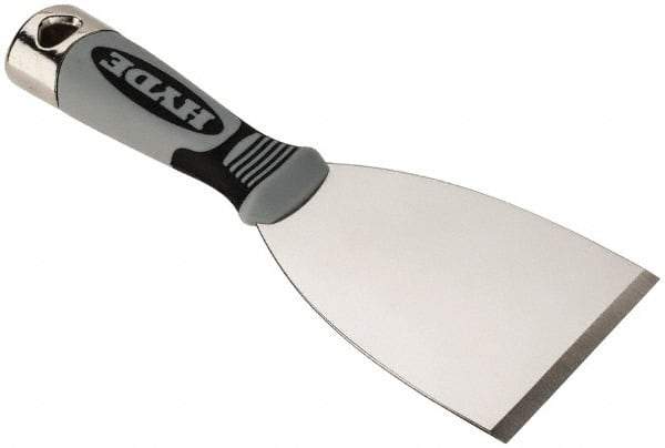 Hyde Tools - Stiff Stainless Steel Putty Scraper - 3" Blade Width x 4" Blade Length, 4-1/4" Long Cushioned Grip Handle - Caliber Tooling