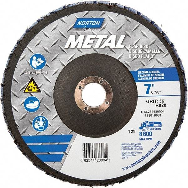 Norton - 36 Grit, 7" Disc Diam, 7/8" Center Hole, Type 29 Zirconia Alumina Flap Disc - 8,600 Max RPM, Fiberglass Backing, Arbor Attaching System, Coated - Caliber Tooling