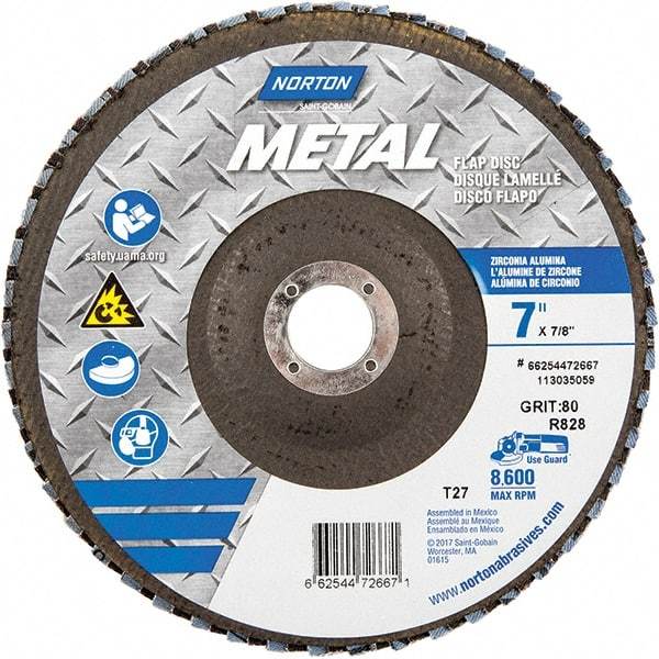 Norton - 80 Grit, 7" Disc Diam, 7/8" Center Hole, Type 27 Zirconia Alumina Flap Disc - 8,600 Max RPM, Fiberglass Backing, Arbor Attaching System, Coated - Caliber Tooling