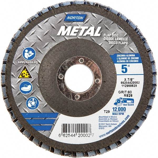 Norton - 60 Grit, 5" Disc Diam, 7/8" Center Hole, Type 29 Zirconia Alumina Flap Disc - 12,000 Max RPM, Fiberglass Backing, Arbor Attaching System, Coated - Caliber Tooling