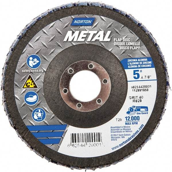 Norton - 40 Grit, 5" Disc Diam, 7/8" Center Hole, Type 29 Zirconia Alumina Flap Disc - 12,000 Max RPM, Fiberglass Backing, Arbor Attaching System, Coated - Caliber Tooling