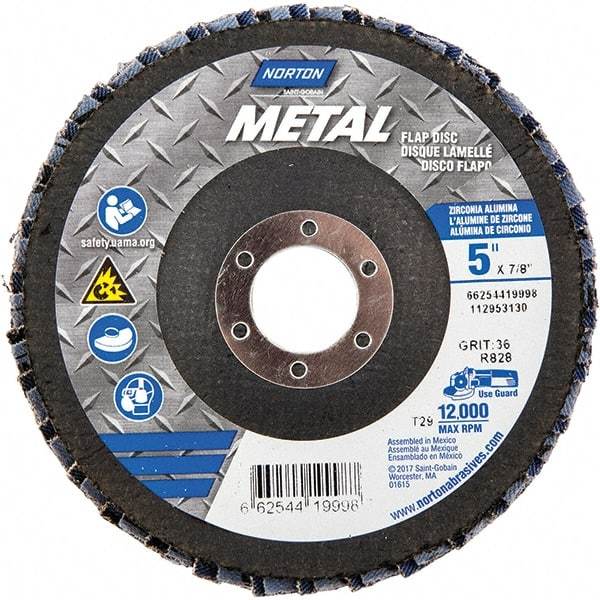 Norton - 36 Grit, 5" Disc Diam, 7/8" Center Hole, Type 29 Zirconia Alumina Flap Disc - 12,000 Max RPM, Fiberglass Backing, Arbor Attaching System, Coated - Caliber Tooling