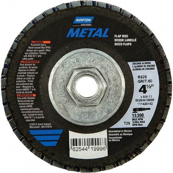 Norton - 80 Grit, 4-1/2" Disc Diam, 5/8-11 Center Hole, Type 29 Zirconia Alumina Flap Disc - 13,300 Max RPM, Fiberglass Backing, Arbor Attaching System, Coated - Caliber Tooling